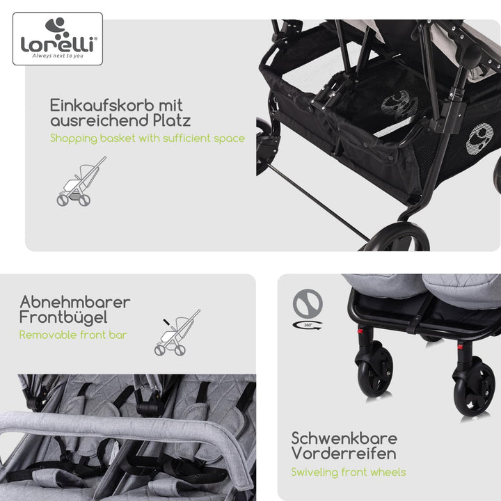 Lorelli Zwillingskinderwagen Duo, Zwillingsbuggy klein faltbar für 2 Kinder, sehr leicht, Zwillingsw
