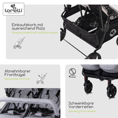 Lorelli Zwillingskinderwagen Duo, Zwillingsbuggy klein faltbar für 2 Kinder, sehr leicht, Zwillingsw