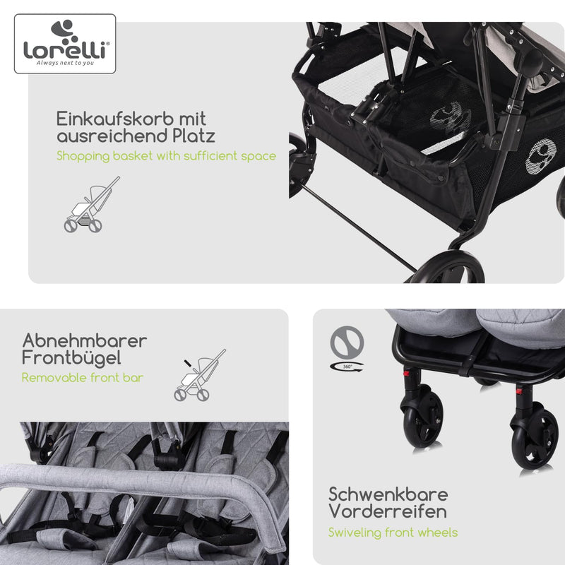 Lorelli Zwillingskinderwagen Duo, Zwillingsbuggy klein faltbar für 2 Kinder, sehr leicht, Zwillingsw