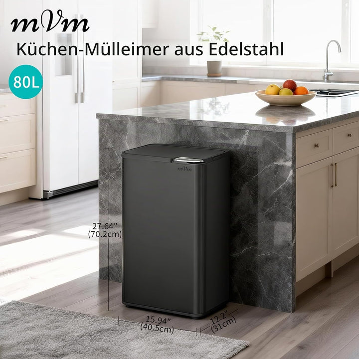 mVm Küchen &amp; Büromülleimer 80L, Edelstahl, Rechteckig, Mit Deckel &amp; Geruchsfilter, Sanftschliessend