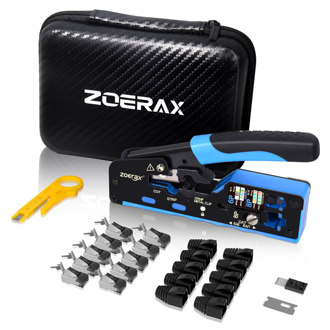 All-in-One Netzwerk Werkzeug Set mit Abisolierer, RJ45 Crimpzange, 10x CAT7 RJ45-Durchsteckstecker &amp;