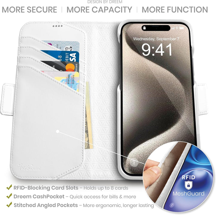 Dreem Lederhülle für iPhone 15 Pro - Revolutionärer Ständer & Kartenfach, Abnehmbare Magnetische Hül