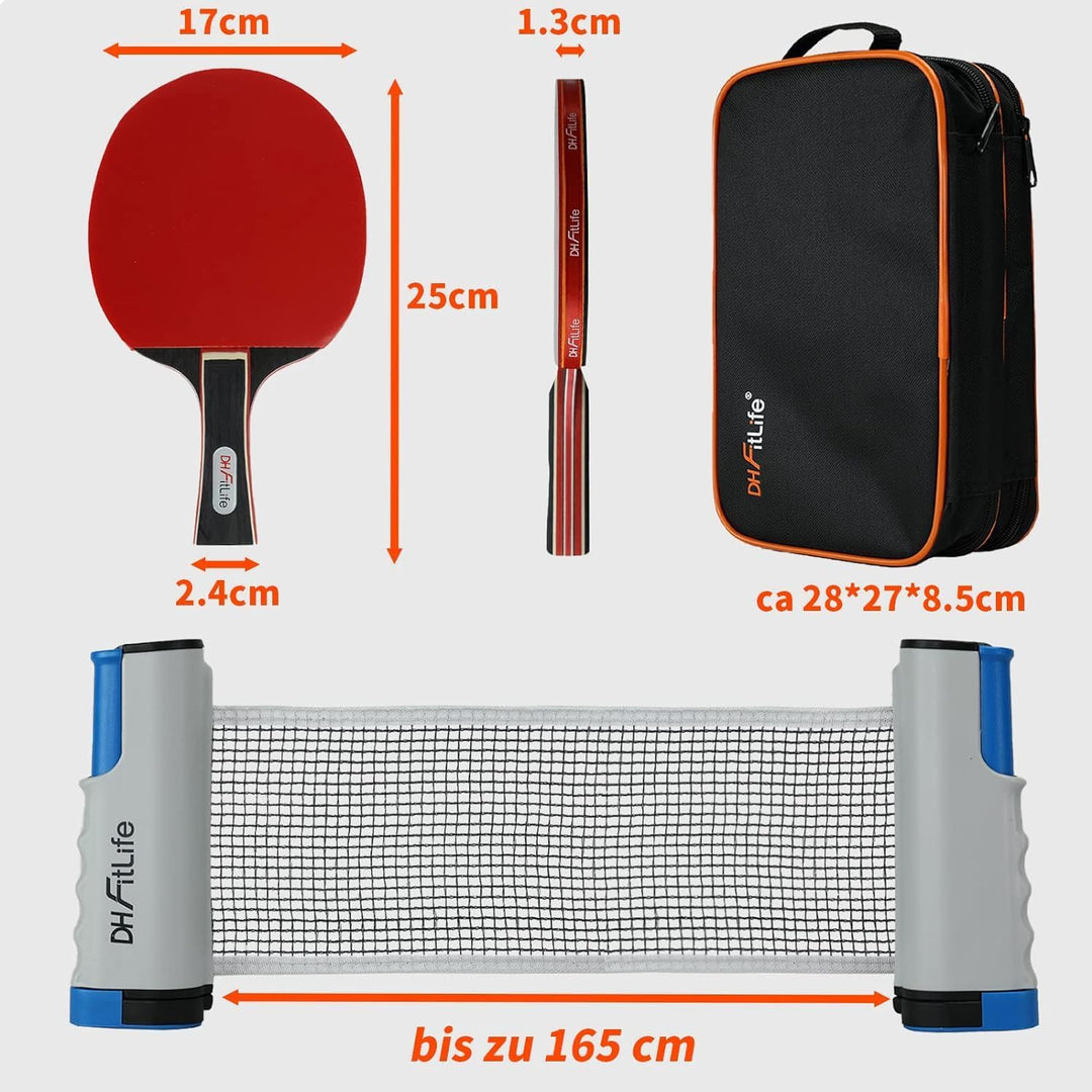 DH FitLife Tischtennisschläger Set für 2 Spieler, mit ausziehbarem mobilen Tischtennisnetz, 3 Tischt