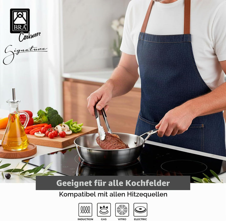 BRA Signature | Tiefe 24-cm-Pfanne, Edelstahl 18/10 | Ohne Antihaftbeschichtung, dreifacher Diffusor