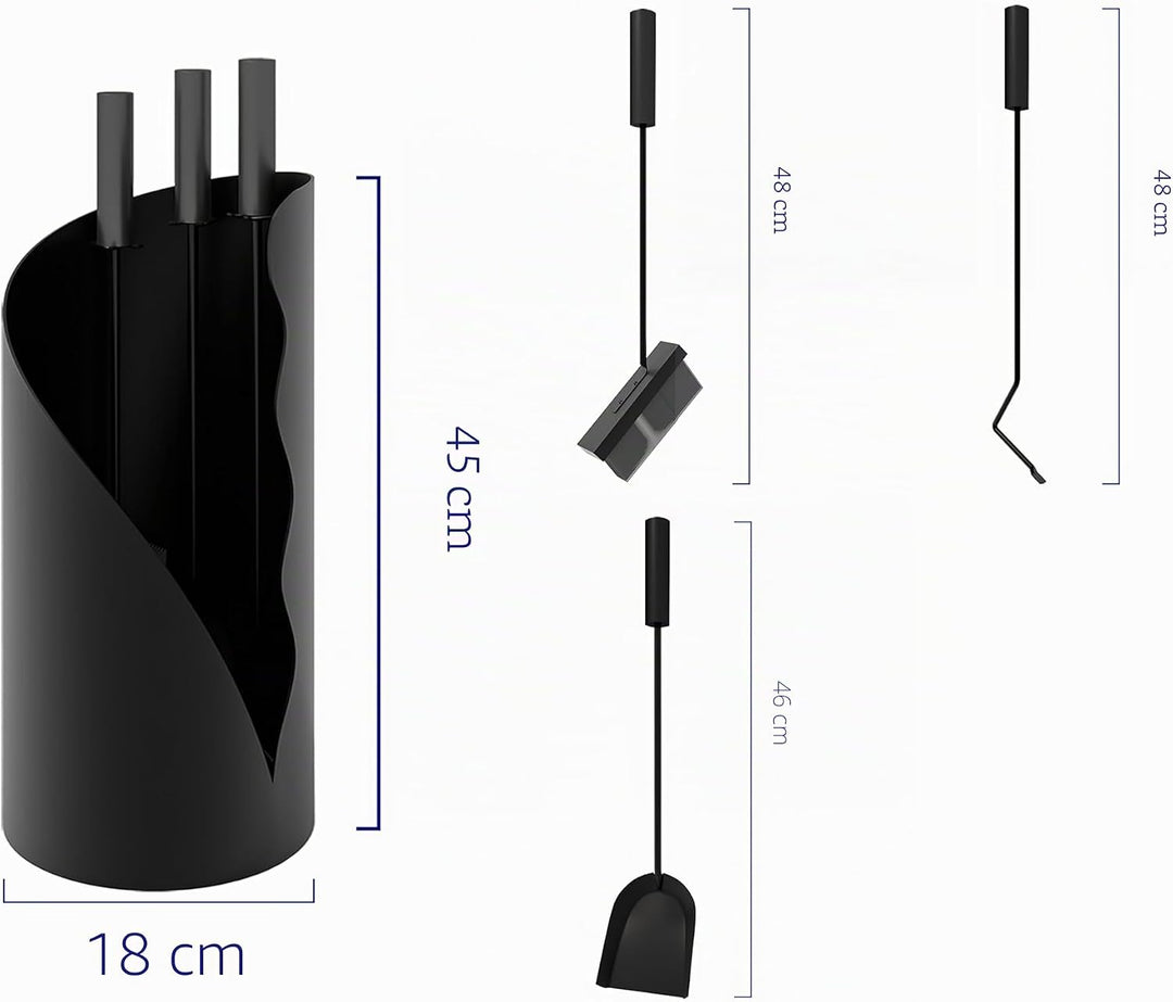 Kingson Moderner Kaminbegleiter-Set mit Ständer – 3 Werkzeuge, 52,5 cm Höhe, 18 cm Zylinderboden, sc
