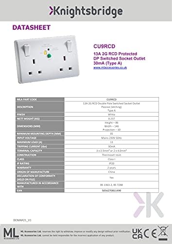 Knightsbridge CU9RCD Schaltersteckdose, 13 A, 2 G, DP, RCD, 30 mA (Typ A), Weiss