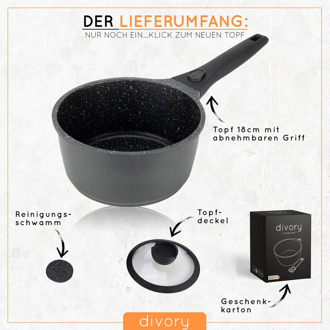 DIVORY Antihaft Kasserolle 18cm - 2L Stielkasserolle mit Deckel - Stieltopf klein - Milchtopf beschi