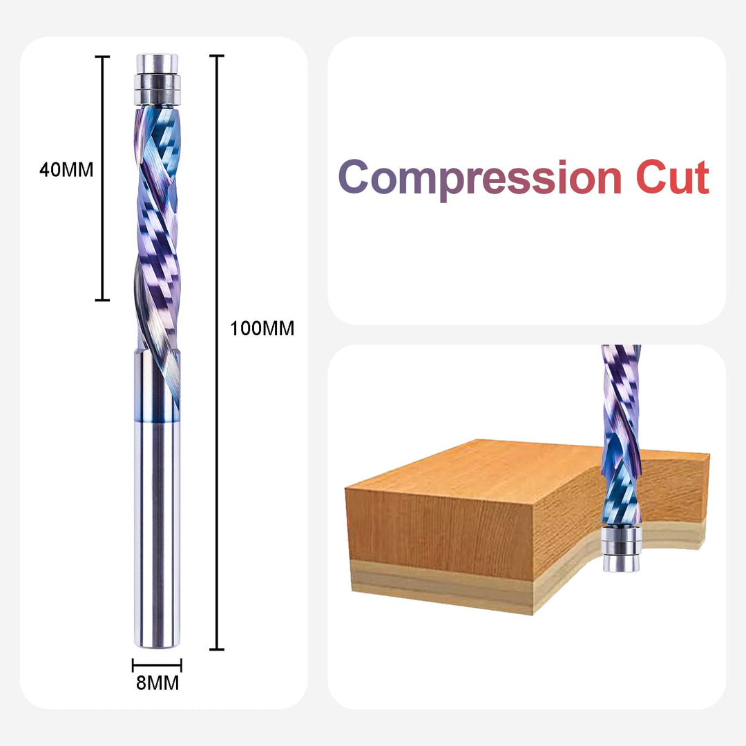 SpeTool Bündigfräser 8mm Schaft Extra Lang Kopierfräser für Oberfräse Up&Down Kompressions 40mm Schn