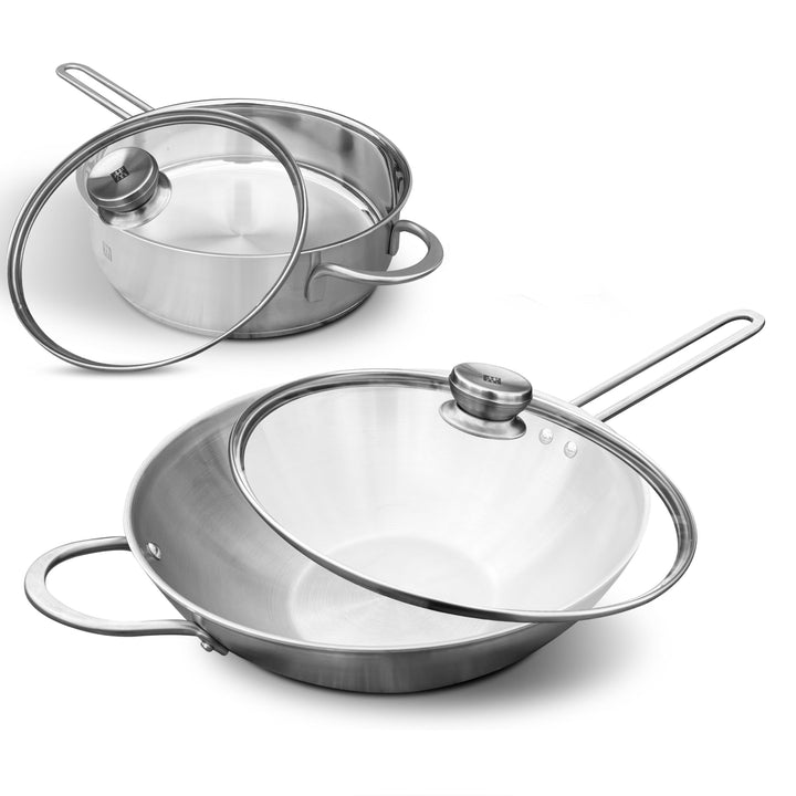 Zwilling TwinNova3 Wokpfanne 30cm + Schmorpfanne 24 cm mit 2x Glasdeckel, 4 tlg, Wok + Schmor Pfanne