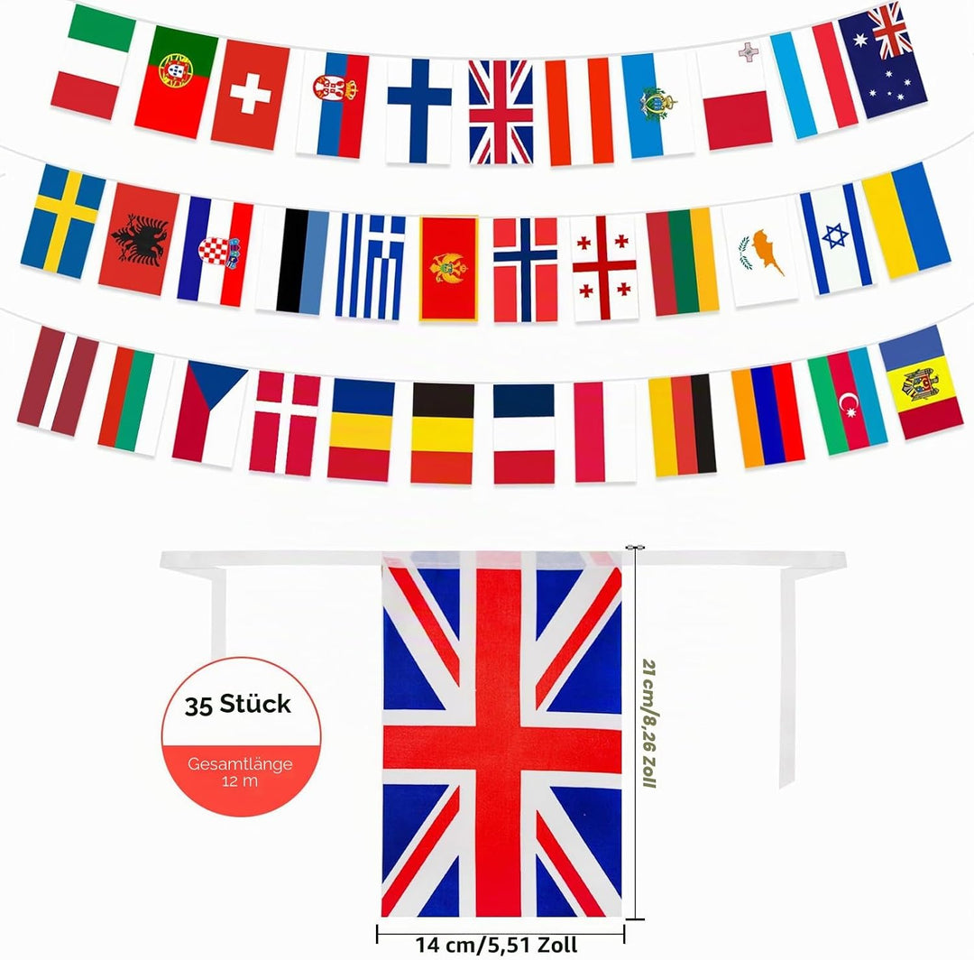 AhfuLife Eurovision Europäische Flagge Wimpelkette, 35 Länder Doppelseitige Stoff-Wimpelkette Europä