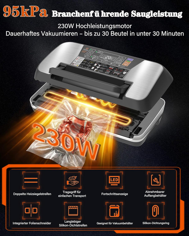 Vakuumiergerät für Lebensmittel 95 kPa, 12-in-1 Vacuum Sealer mit doppelter Schweissnaht, Easy-Lock-