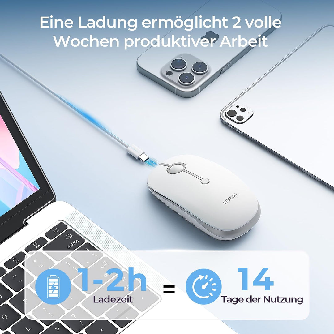 seenda MOU001 Bluetooth Maus, Leise, 3 Geräte Verbindung, Weiss-Silber | USB + Dual-Bluetooth, 3 DPI