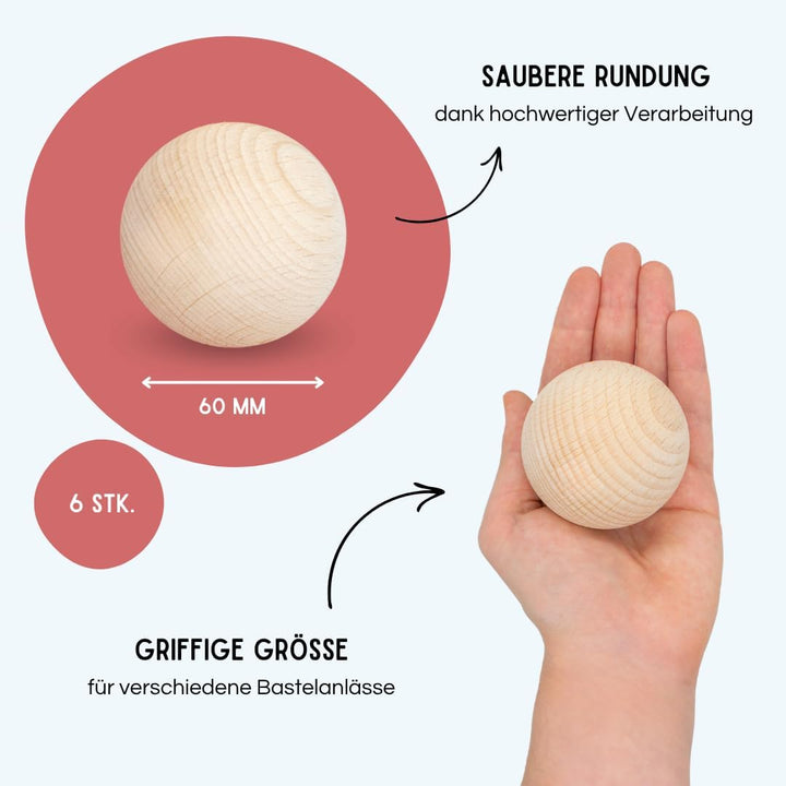 EV® Holzkugeln ohne Loch - 6 Stück 60mm Durchmesser - Made in Austria - Grosse Holzperlen ohne Bohru