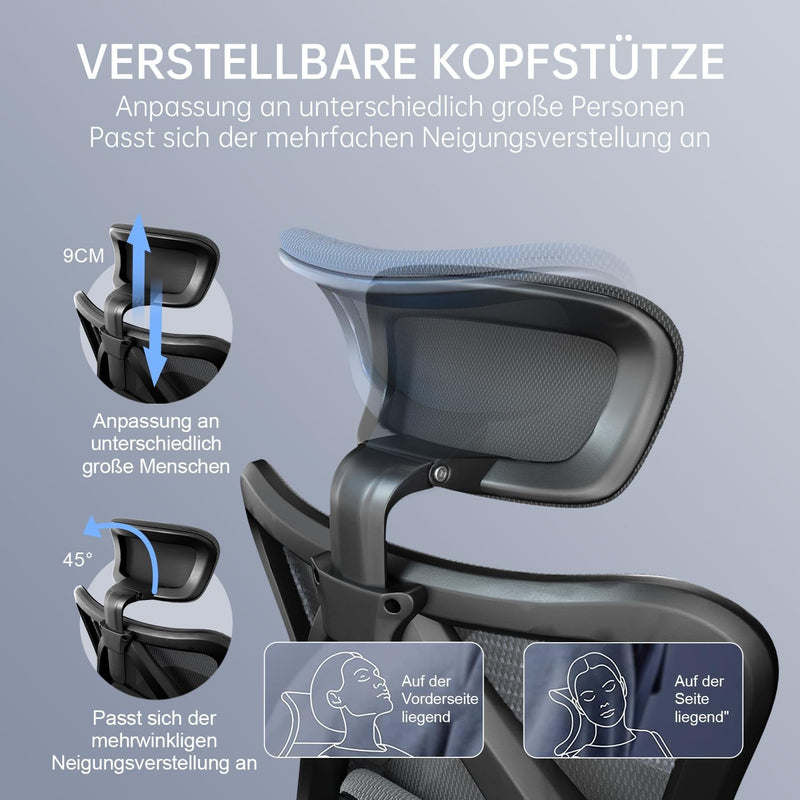 SIHOO Ergonomischer Büro-Liegestuhl mit Fussstütze, Computer-Schreibtischstuhl, verstellbaren Kopfst