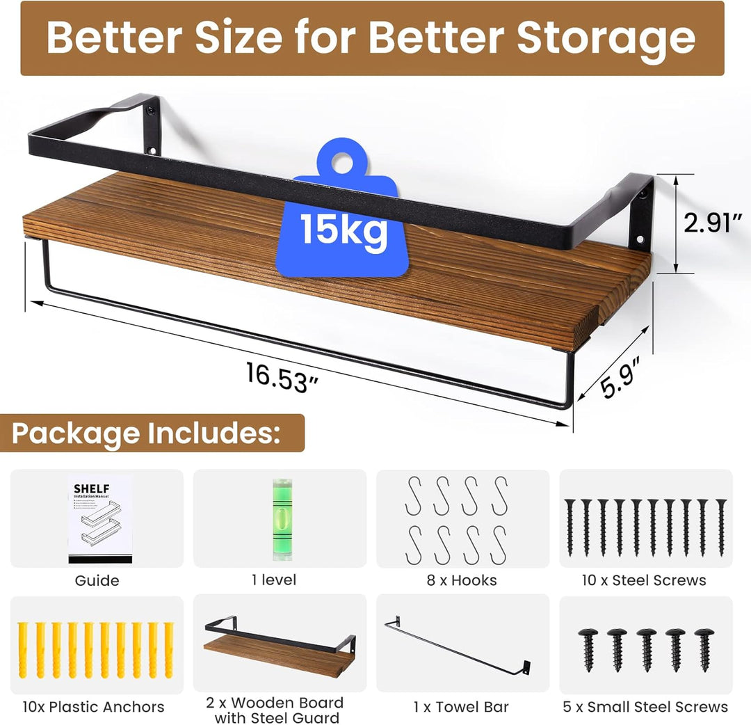 AGM Wandregal Holz 2er Set mit Handtuchhalter, schwimmende Regale Wand aufbewahrungs Regal Hängerega