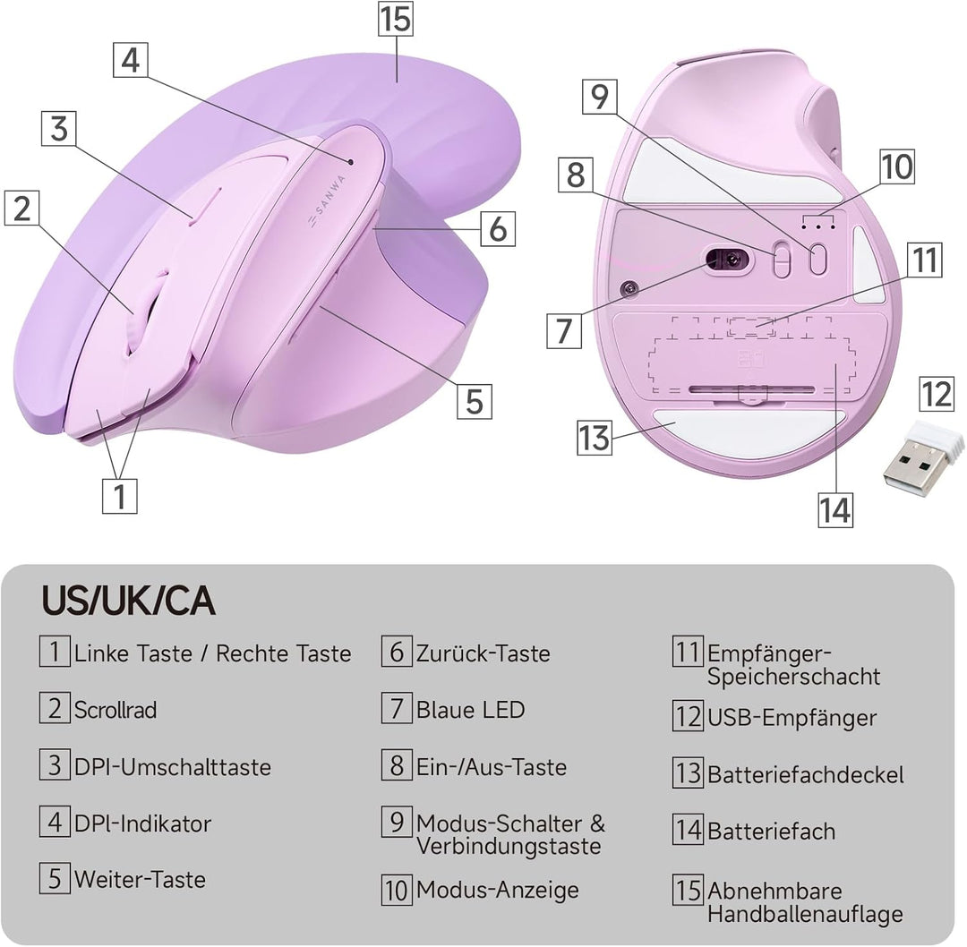 SANWA Ergonomische Maus (2.4G Kabellos + 2 Bluetooth), Leise Klicks Vertikale Maus mit Handballenauf