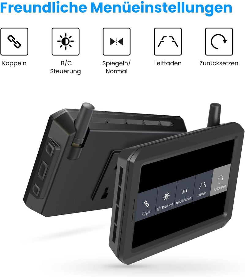 AUTO-VOX W7 Kabellos Digital Rückfahrkamera Set mit 5“(12.7cm) LCD-Monitor mit Antenne, eingebautem