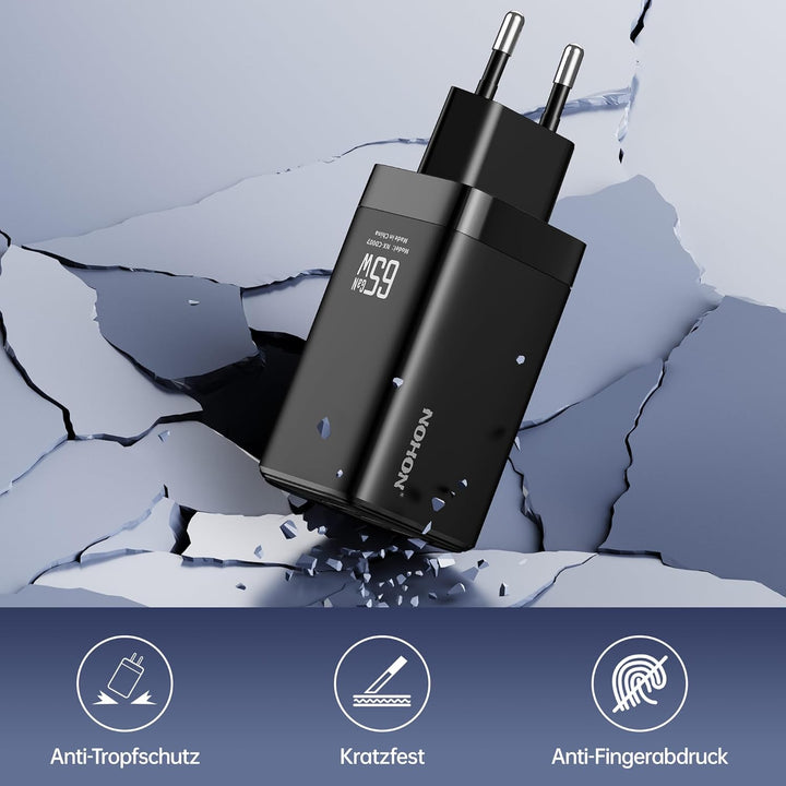NOHON USB-C Ladegerät Fast Charger: 65W GaN Handy 3-Port Schnellladegerät PD3.0 mit 140W Typ-C 1.2M