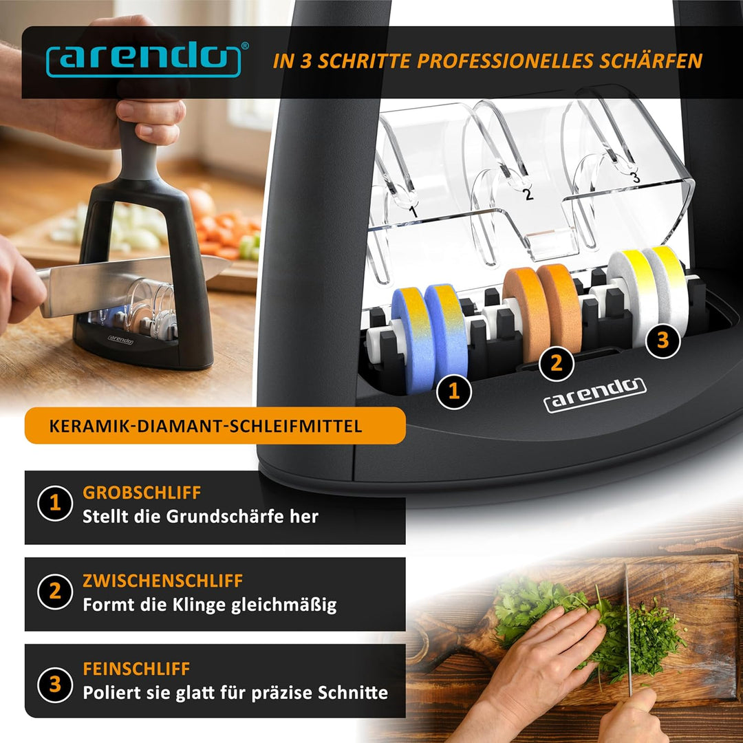 Arendo - Messerschärfer - Keramik Diamant Schleifmittel - 3 Schritte Schleifprozess - grob mittel fe