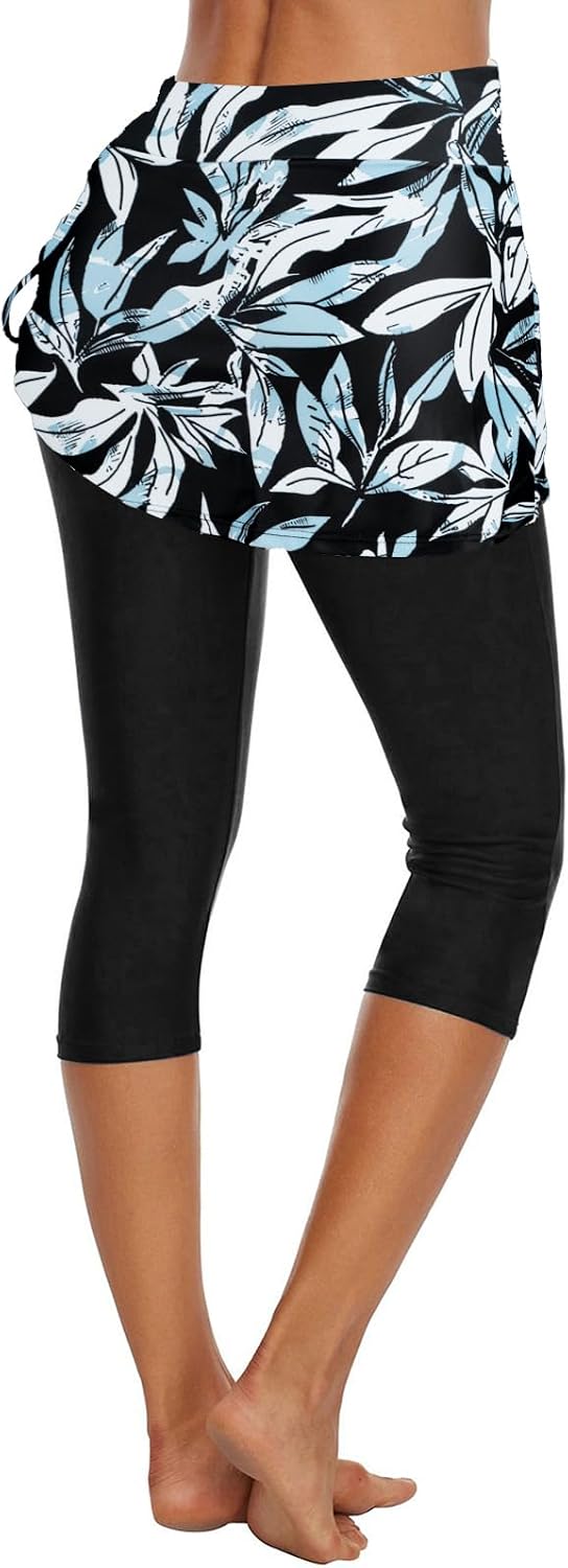 Ecupper Badehose Damen Lang Schwimmhose Capri Badeleggings Mit Rock Schwimm XL Blaue Blume, XL Blaue