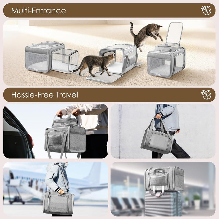 Top and 2 Sides Expandable Pet Carrier 17x11x9.5, TSA Airline Approved Small Dog Carrier for Small D