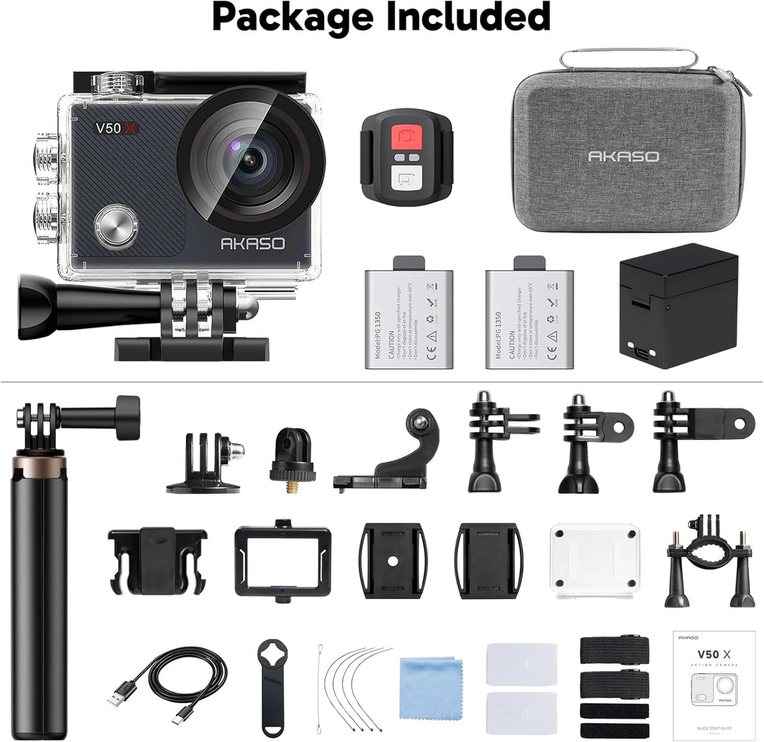 AKASO Action Cam 4K30FPS mit 60cm Stativ Selfie Stick und Tasche Unterwasserkamera WiFi 40M EIS Anti