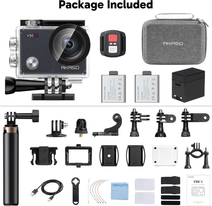 AKASO Action Cam 4K30FPS mit 60cm Stativ Selfie Stick und Tasche Unterwasserkamera WiFi 40M EIS Anti