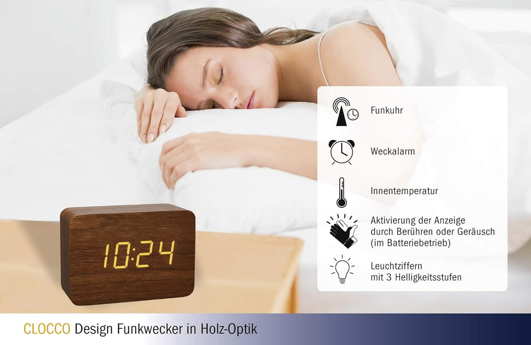 TFA Dostmann Design Funk-Wecker in Holz-Optik Clocco, 60.2549, Kunststoff, L 100 x B 41 x H 70mm (br