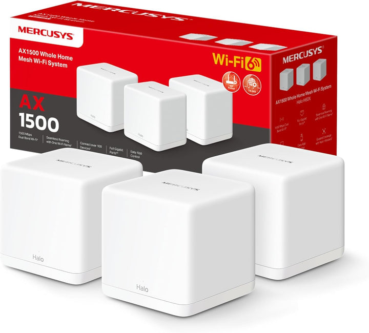 Mercusys Halo H1500X Wi-Fi 6 Mesh WLAN Set (3er Pack), AX1500 Dual Band Router & Repeater, Gigabit-P