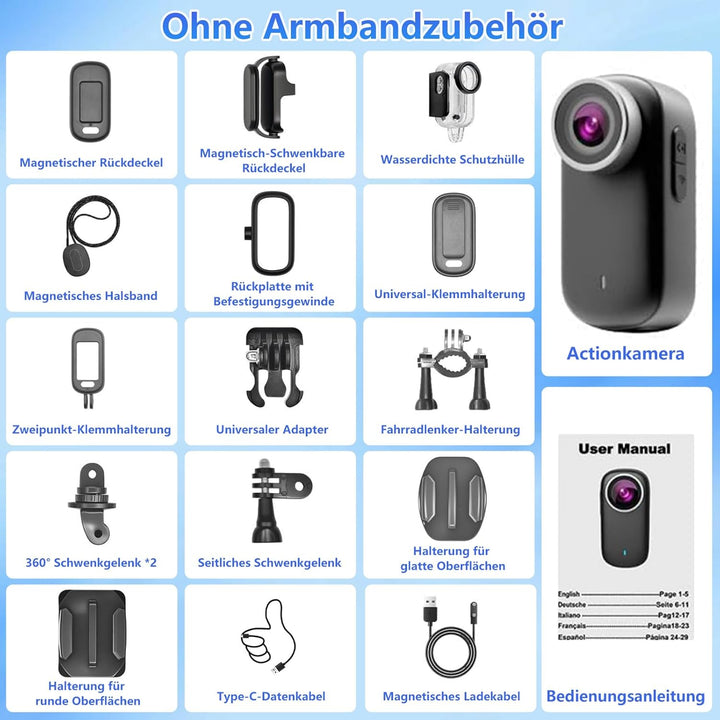 Mini Action Cam 4K WiFi mit Bildschirm und wasserfestes Gehäuse, UHD 150° Weitwinkel IP65 Bodycam, T