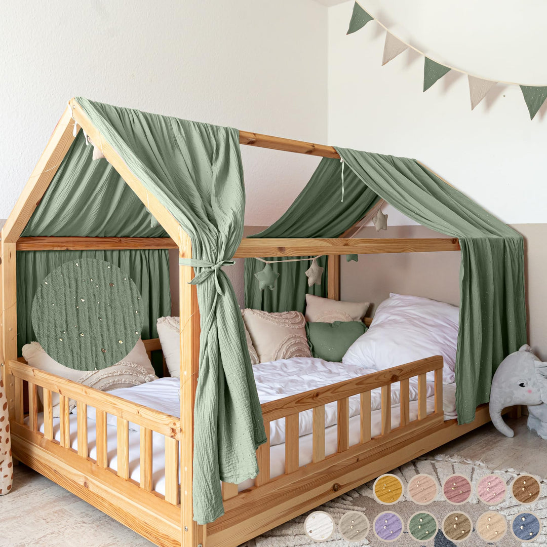 Hausbett Himmel mit Gold Applikation [in 12 Farben] Betthimmel Hausbett aus 100% Baumwolle Musselin