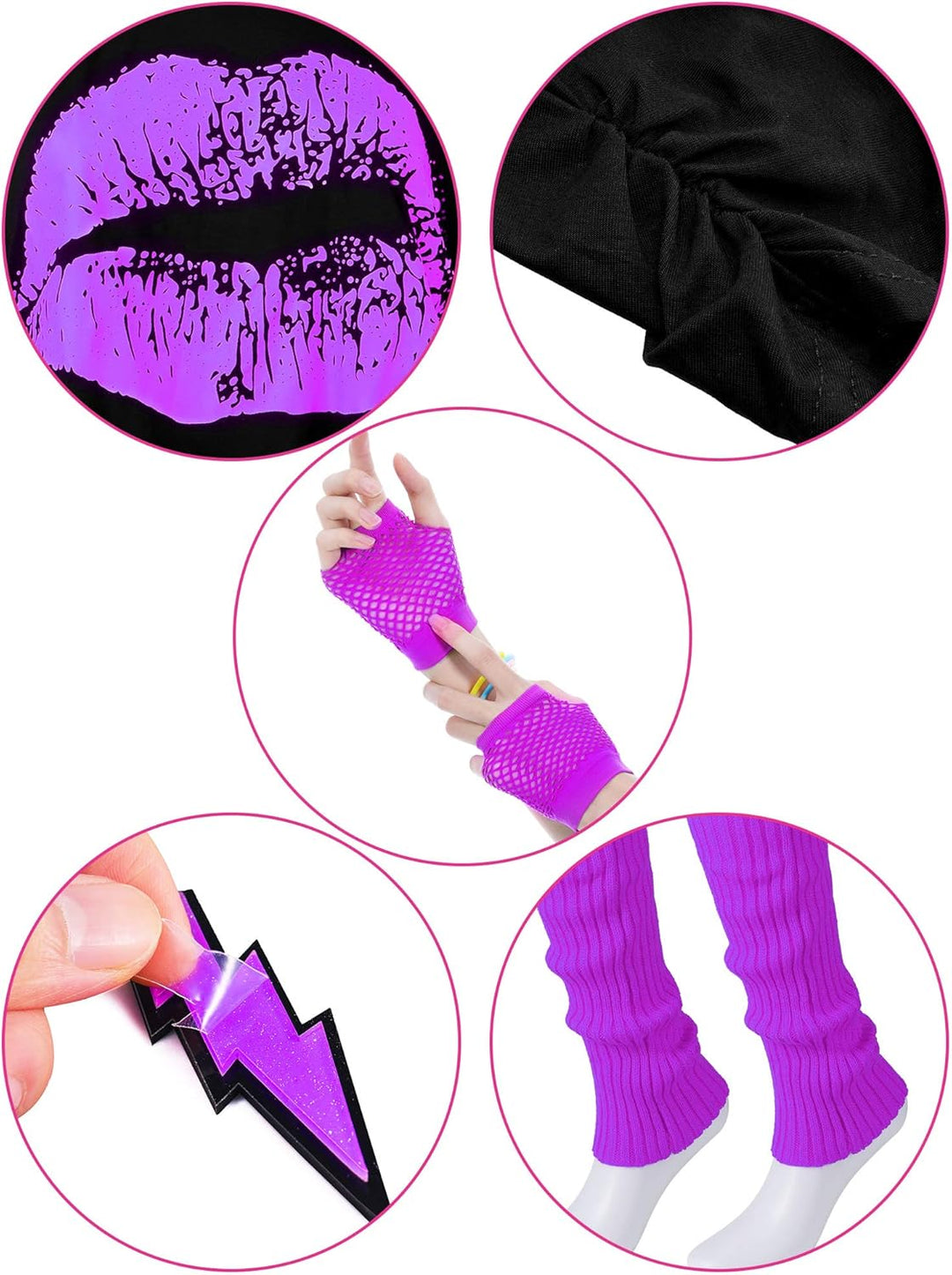 80 Jahre Kostüm Zubehör Set, T-Shirt Tutu Stirnband Ohrring Halskette Beinlinge XS Violett, XS Viole