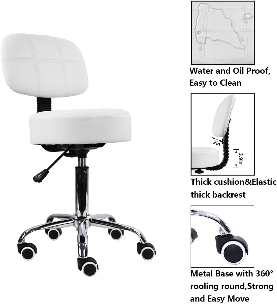 KKTONER Rollhocker Arbeitshocker mit Rückenlehne Höhenverstellbarer 50-64cm PU Leder Weiss, Weiss