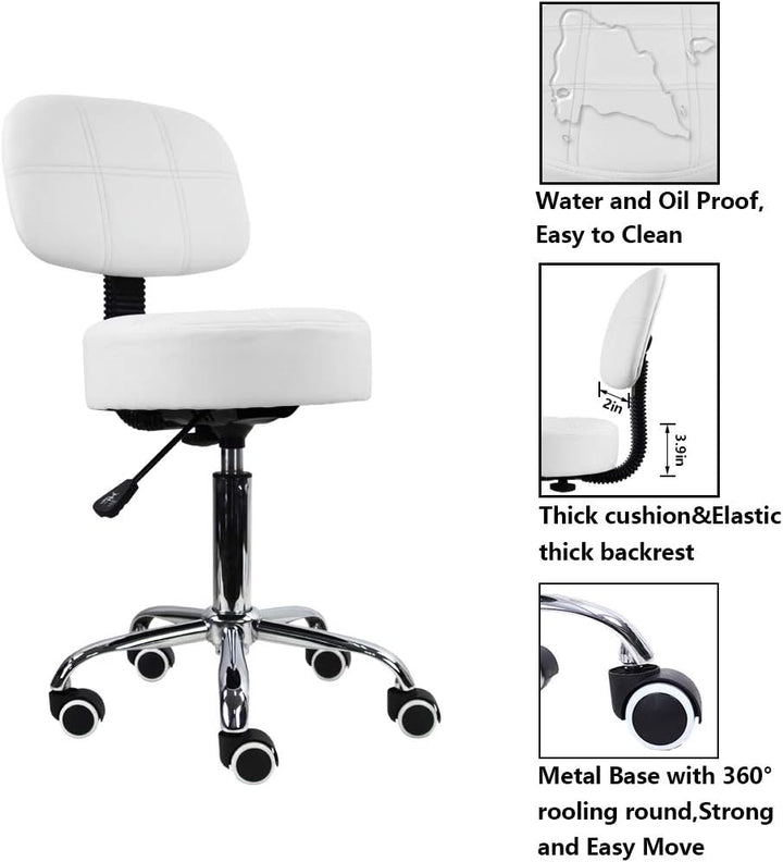 KKTONER Rollhocker Arbeitshocker mit Rückenlehne Höhenverstellbarer 50-64cm PU Leder Weiss, Weiss