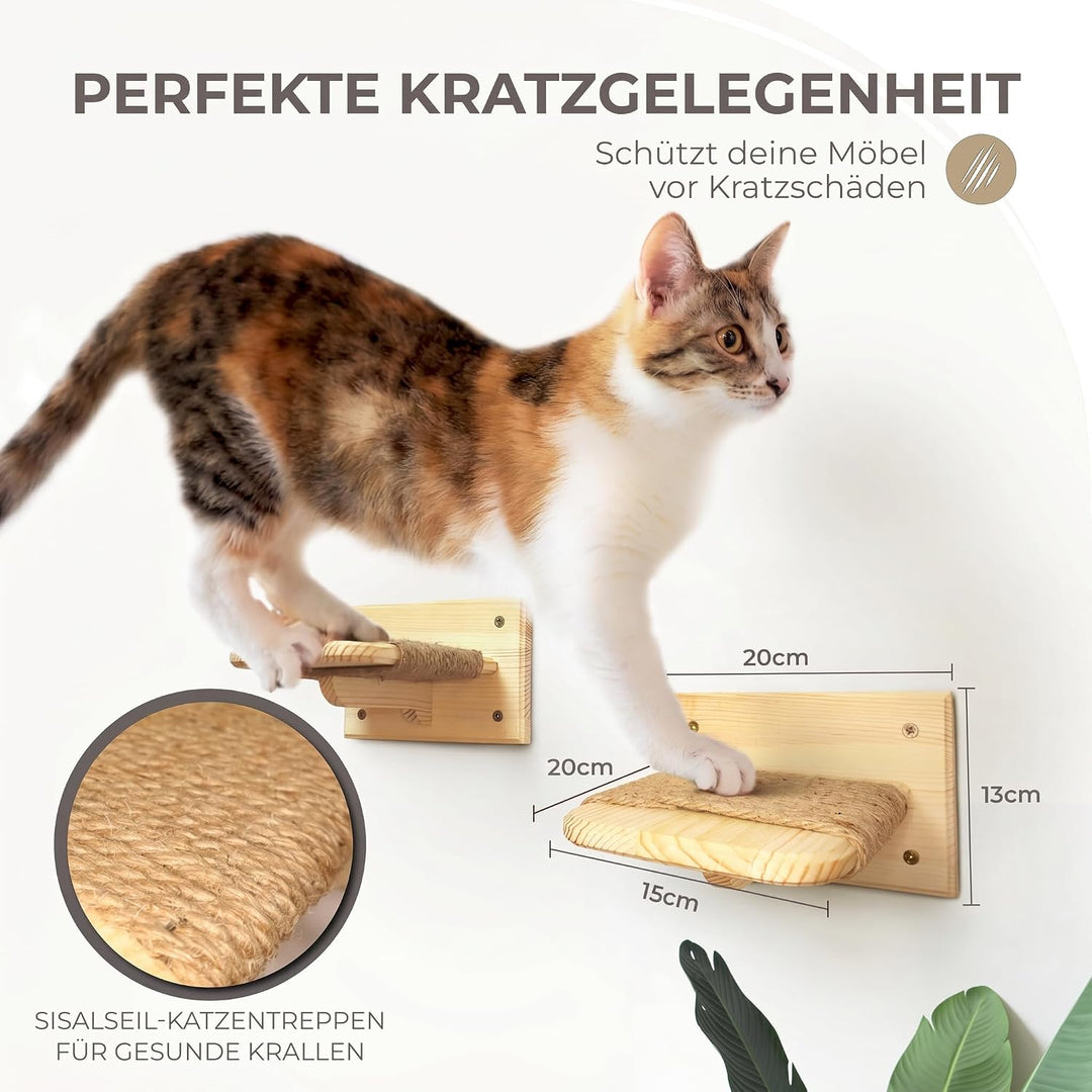 Katzen Wandtreppe aus Massivholz – 3er Set Kletterstufen für Katzen mit Juteseil – Katze Wandmöbel a