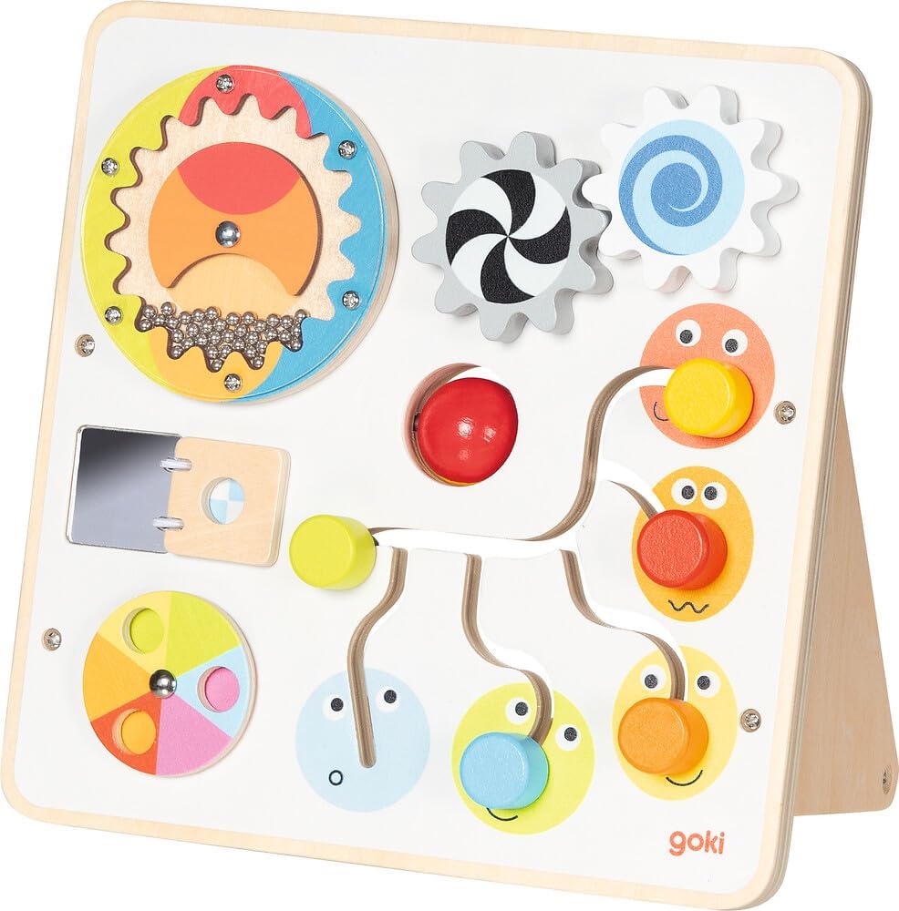 goki 59959 - Activity- und Motorikboard, Motorikspielzeug aus Holz mit Zahnrädern, Regenmacher, Schi