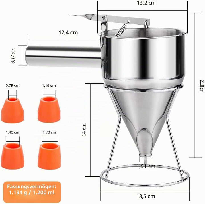 Shoxil Pfannkuchenteigspender, 600 ml, mehrkalibriger Edelstahl-Trichter-Kuchenspender mit Ständer,