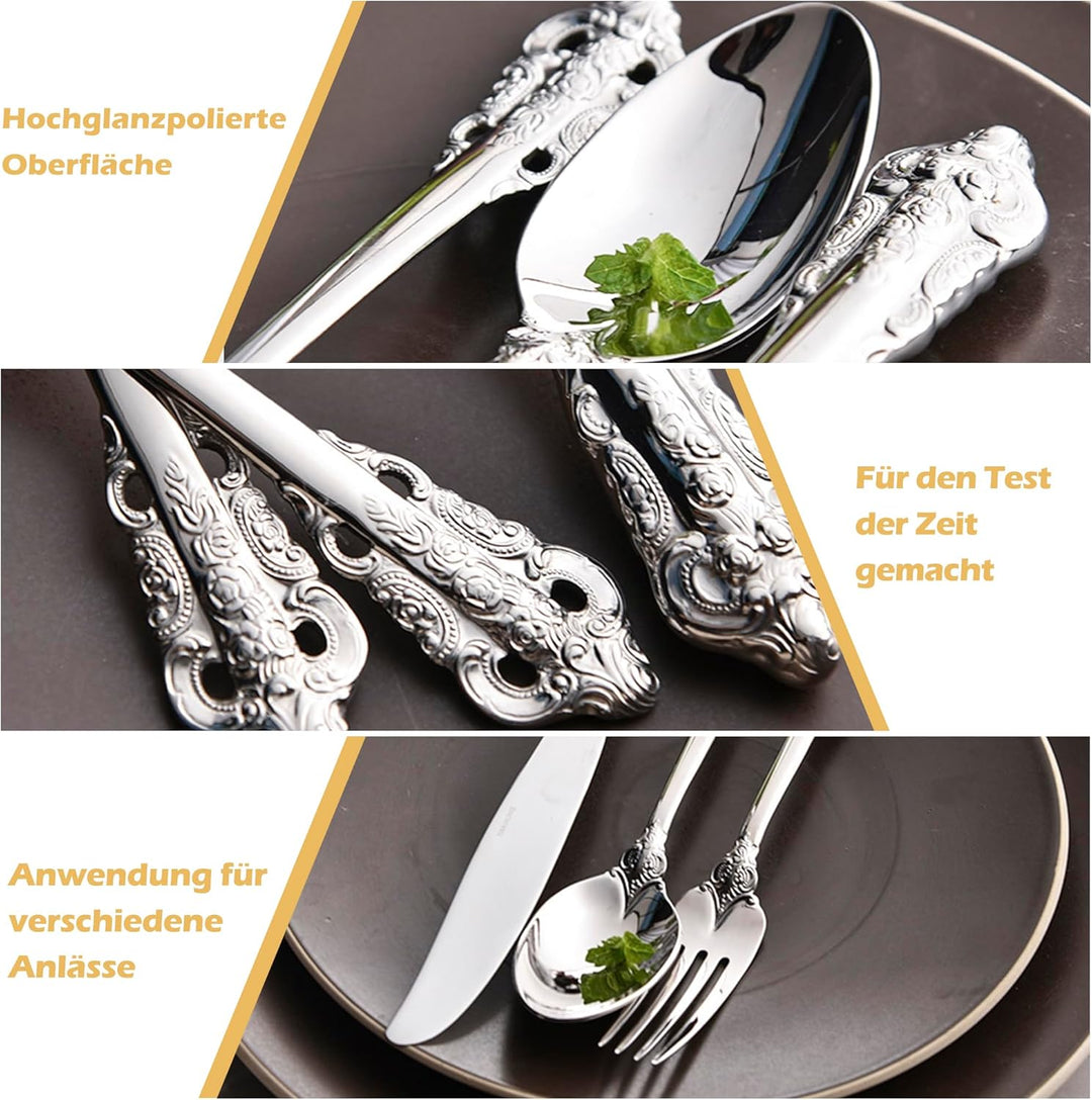 Prächtiges Barock Silber 18/10 Edelstahl Besteck-Set mit 20 Teilen, rostfreies Edelstahl Besteck ink