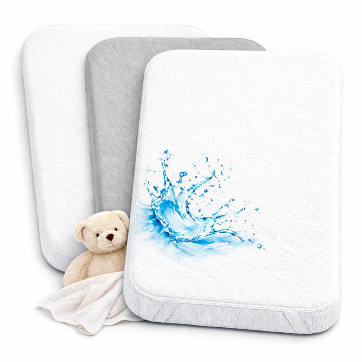 Lovely Hippo 2X Spannbettlaken 50x83cm 100% Baumwolle + 1X Matratzenschoner 100% wasserfest - 3er Se