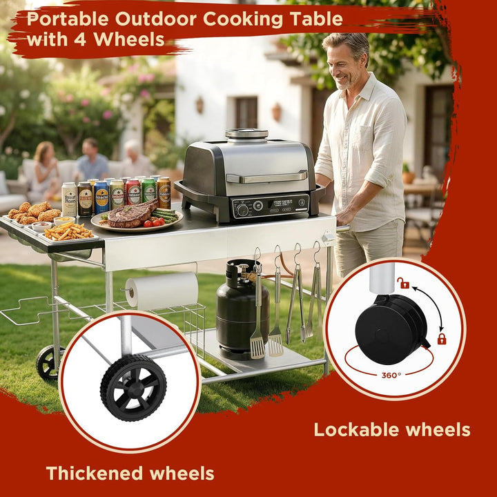 Denmay 128 x 66 x 78cm Grillwagen für Weber Q Serie, Ninja Woodfire, Pizzaofen, Tischgrill, Pizzaofe