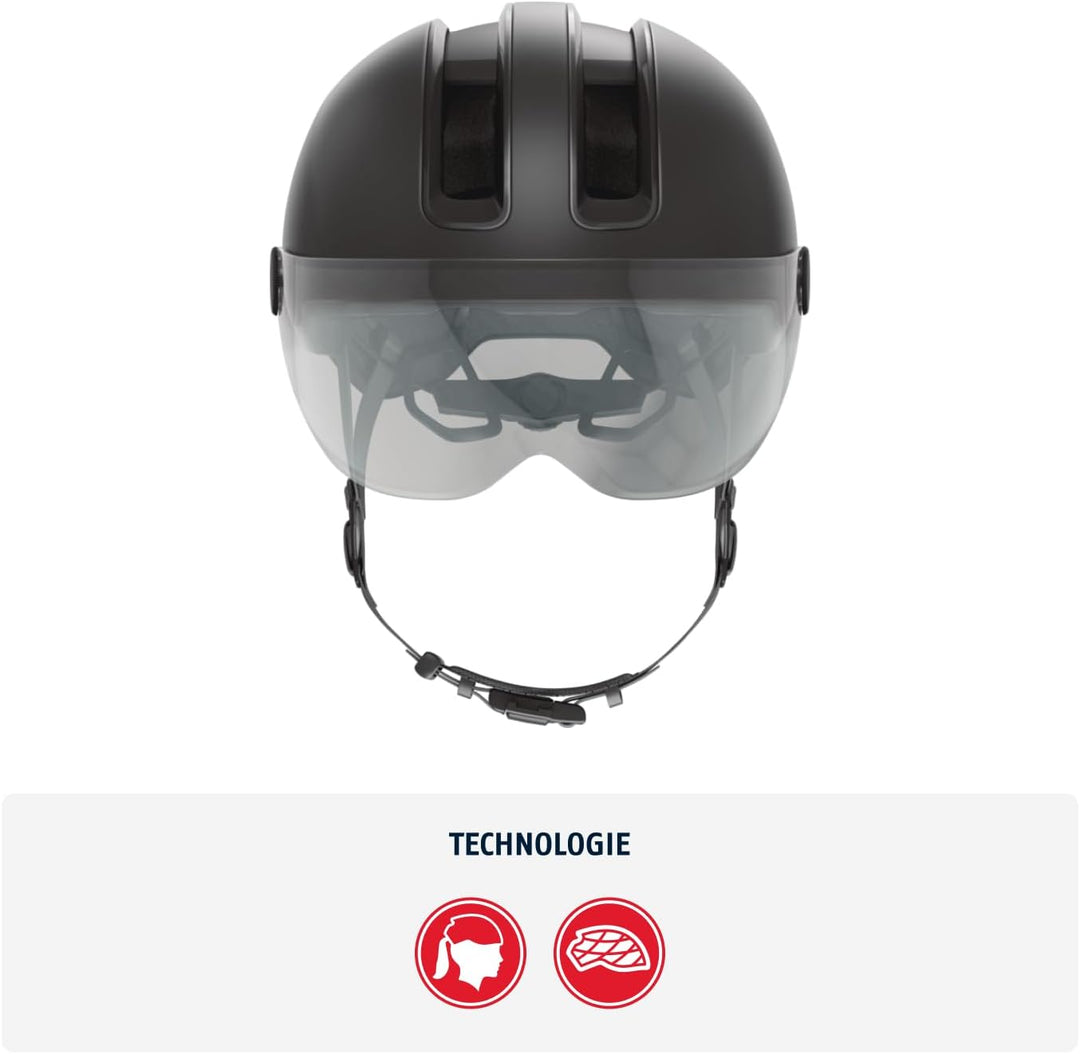 ABUS Stadthelm HUD-Y ACE - stylischer Fahrradhelm mit Visier und magnetischem, aufladbarem LED-Rückl