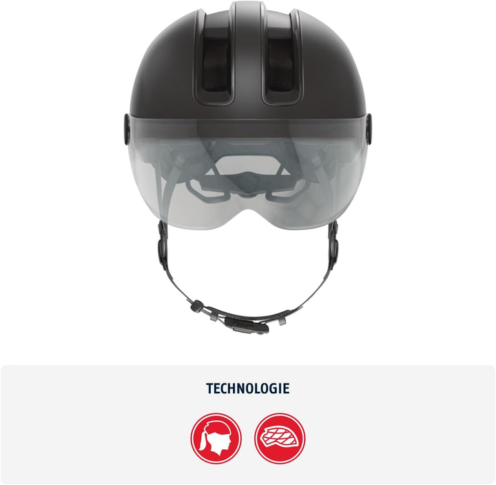 ABUS Stadthelm HUD-Y ACE - stylischer Fahrradhelm mit Visier und magnetischem, aufladbarem LED-Rückl