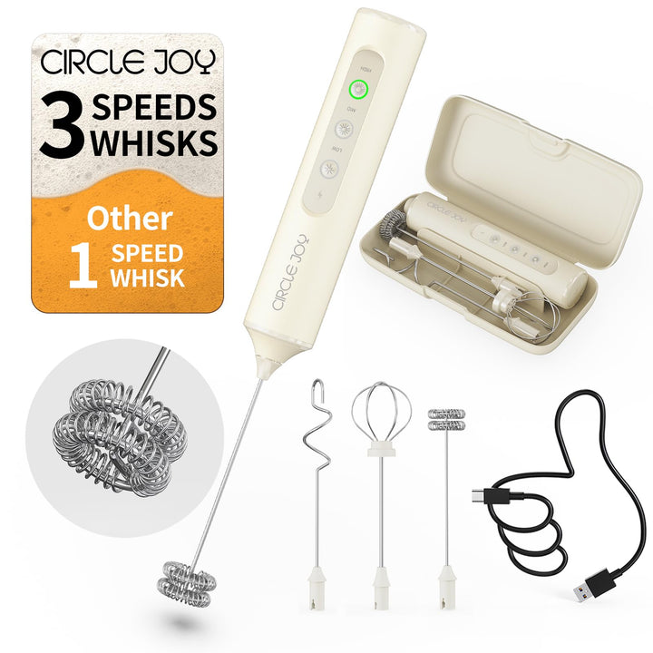 CIRCLE JOY Wiederaufladbarer Handmilchaufschäumer mit 3 Geschwindigkeitsstufen, 3 Schneebesen und Au
