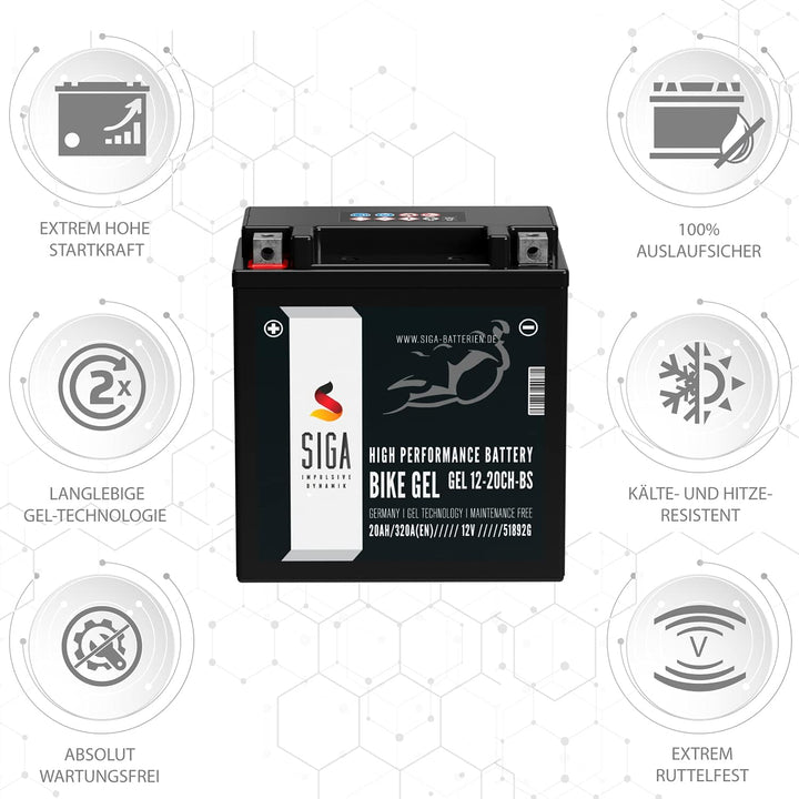 SIGA GEL Motorradbatterie 12V 20Ah 320A/EN GEL Batterie YTX20CH-BS YTX20A-BS GEL12-20CH-BS GTXCH20-B