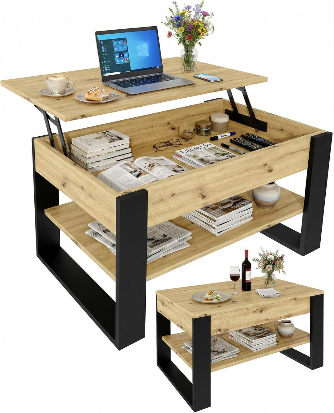 Couchtisch höhenverstellbar mit Stauraum - Couchtische - Wohnzimmertisch klappbar - höhenverstellbar