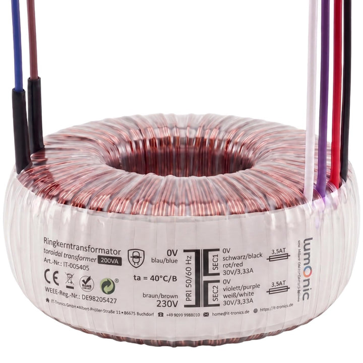 Sedlbauer Ringkerntrafo Transformator 200VA 2x30V für Audio, Industrie, Halogen und Schienensysteme