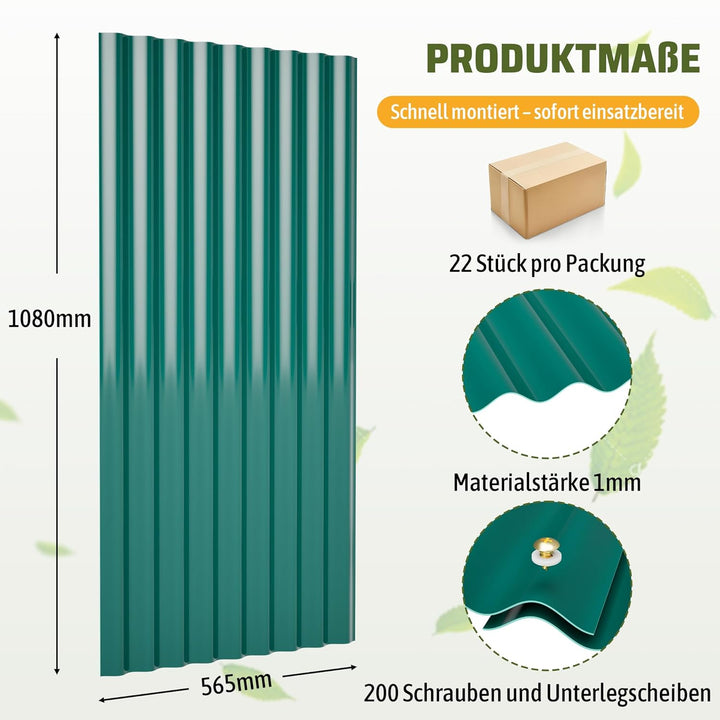 Thanaddo Wellplatten grün, 22er Set Wellplatte Dach Kunststoff Welldach mit Schrauben, wetterfest Da