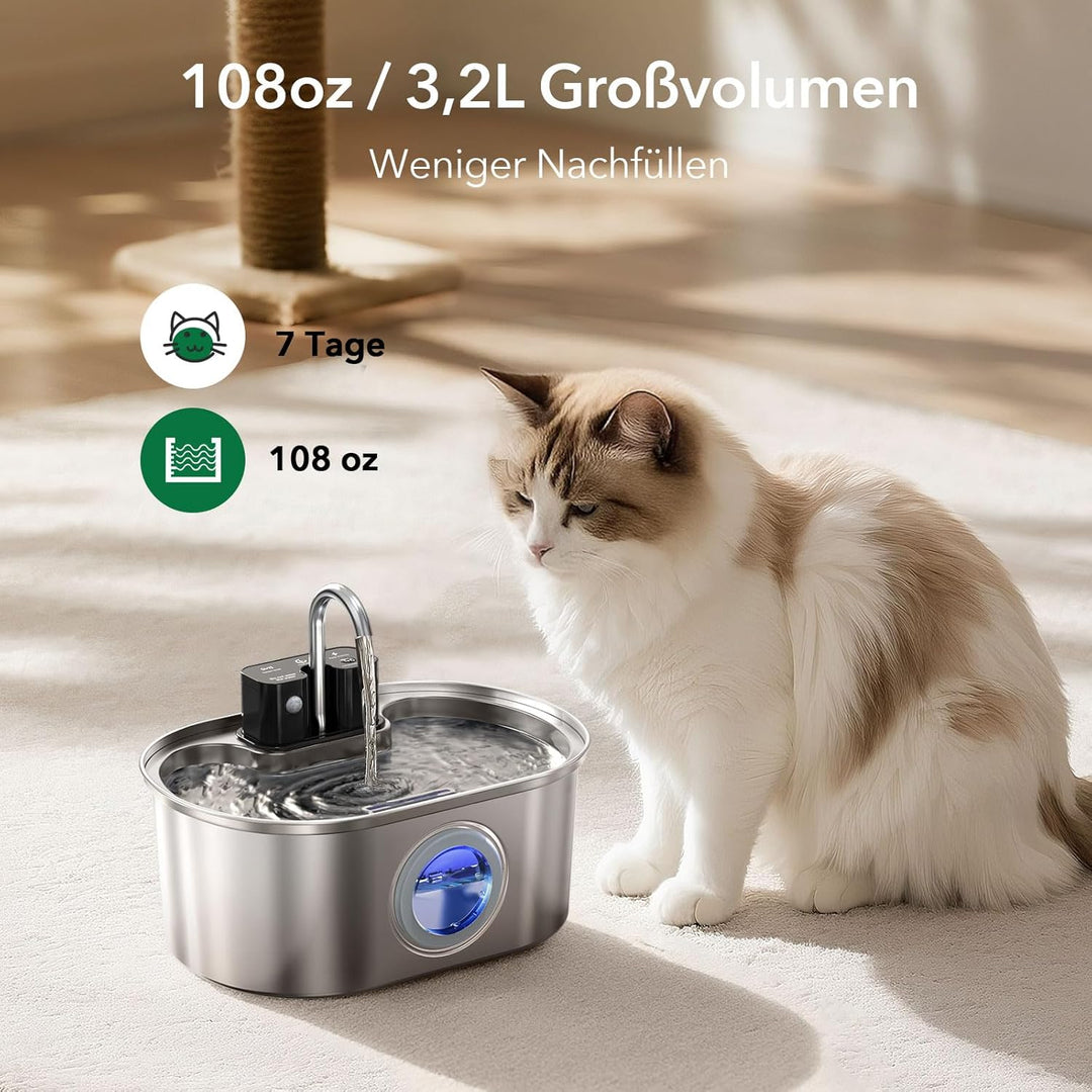 Kabelloser Katzenbrunnen aus Edelstahl, 3,2L – Batteriebetriebener Wasserspender mit Bewegungssensor