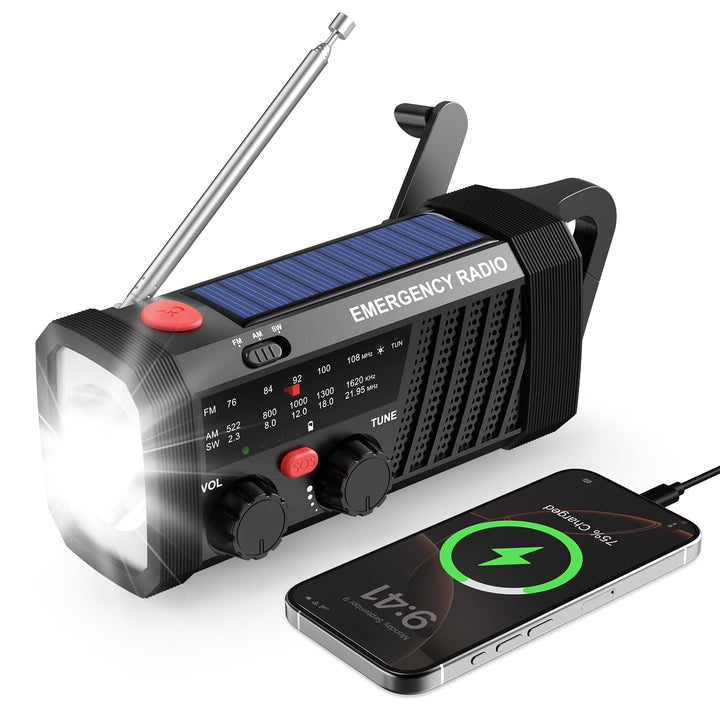 Tragbares Notfallradio, Kurbelradio mit Solar & Batteriebetrieb, AM/FM/SW Dynamo Radio, Taschenlampe