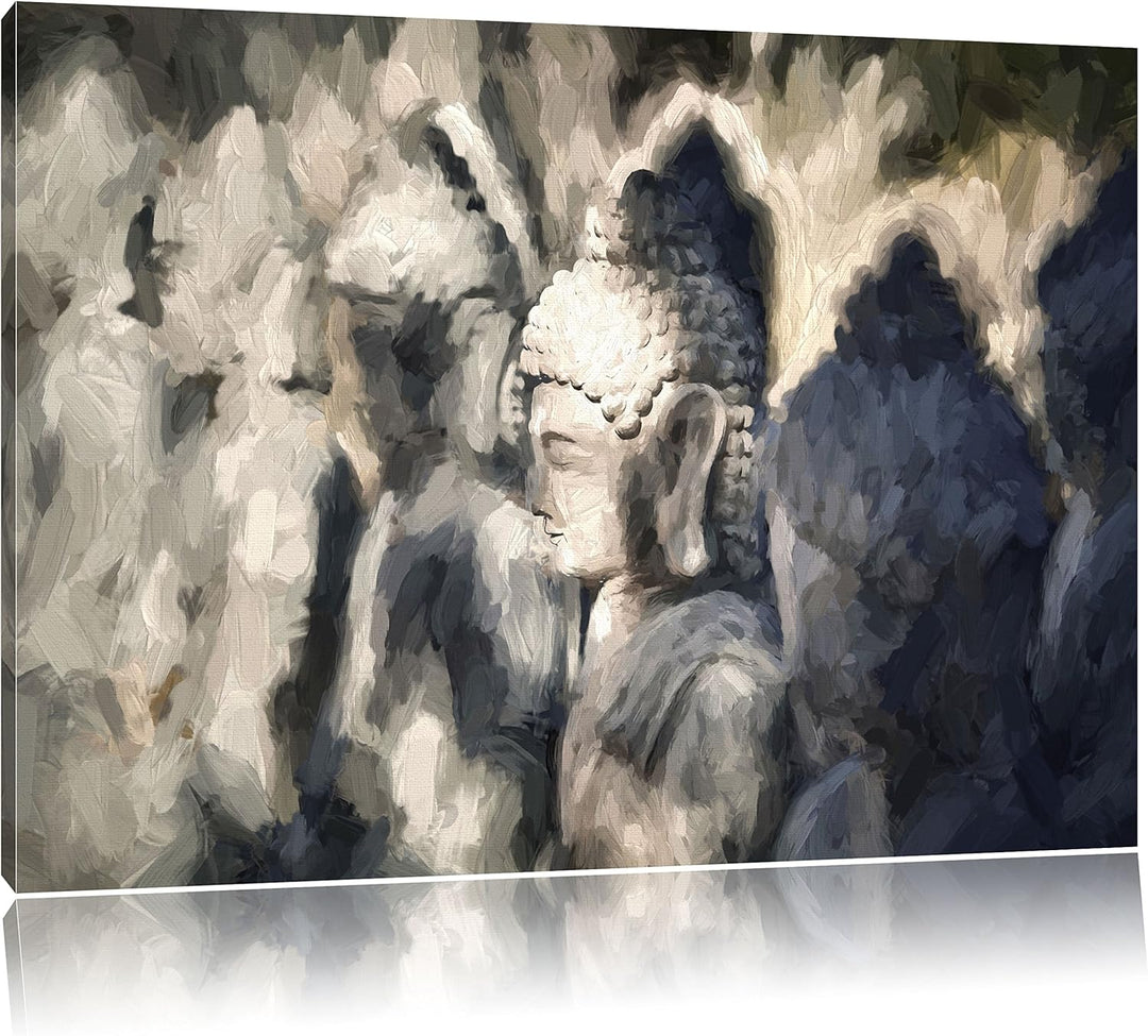Pixxprint Buddha-Statuen in Einer Reihe / 100x70cm Leinwandbild bespannt auf Holzrahmen/Wandbild Kun